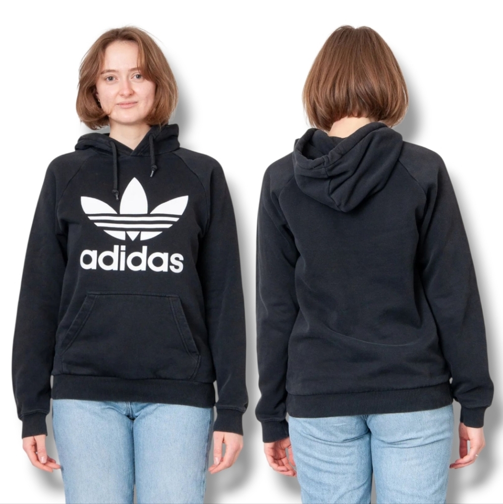 🤩H.P🤩 Adidas Women's Oversized Black Charcoal Trefoil Fleece Hooded Sweatshirt